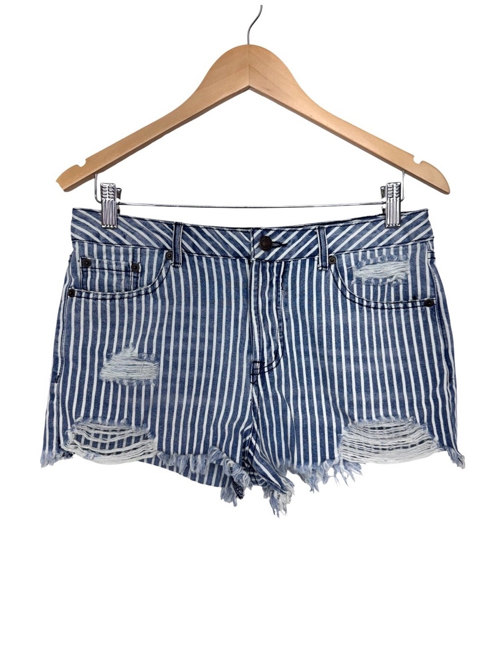F21 Coastal Blue & White Stripe Distressed High Rise Jean Shorts With Fringe Hem